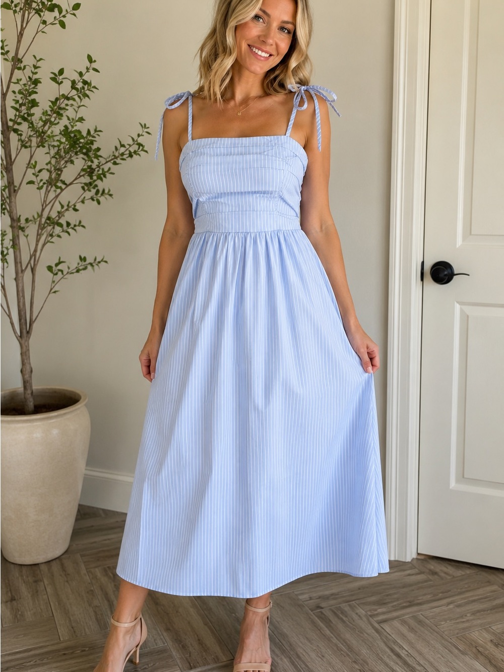 Light Blue Pinstripe Tie-Shoulder Maxi Dress